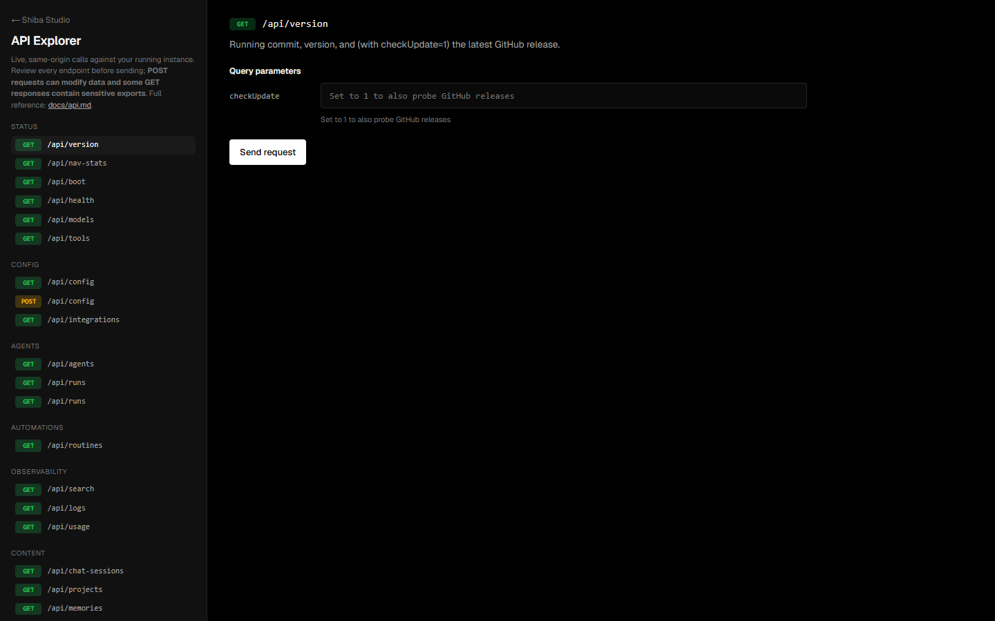 API Explorer: grouped endpoints with a live request/response panel