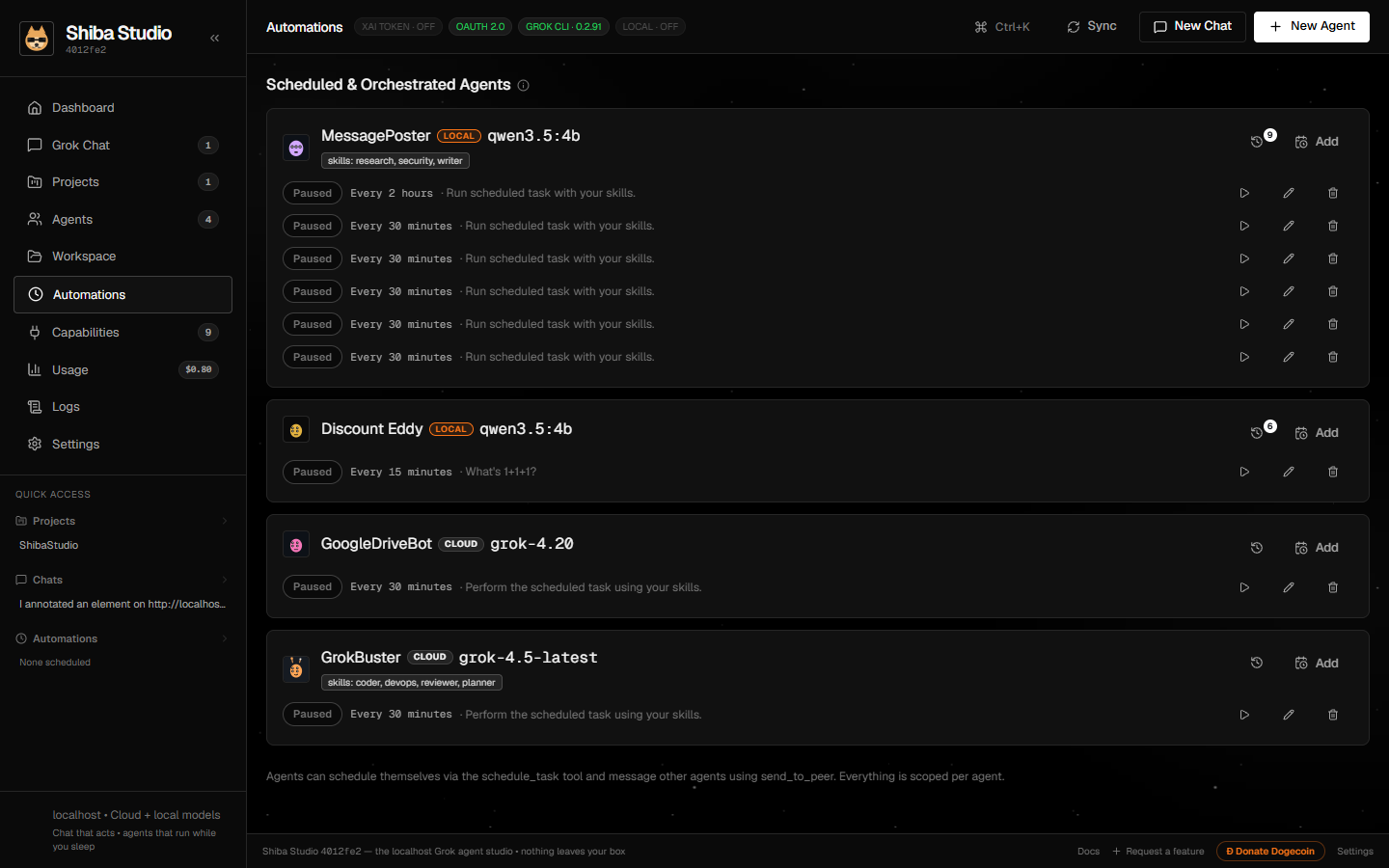 Automations: scheduled agents with Active/Paused states, per-schedule Run/Edit/Delete, and compact run-log icon