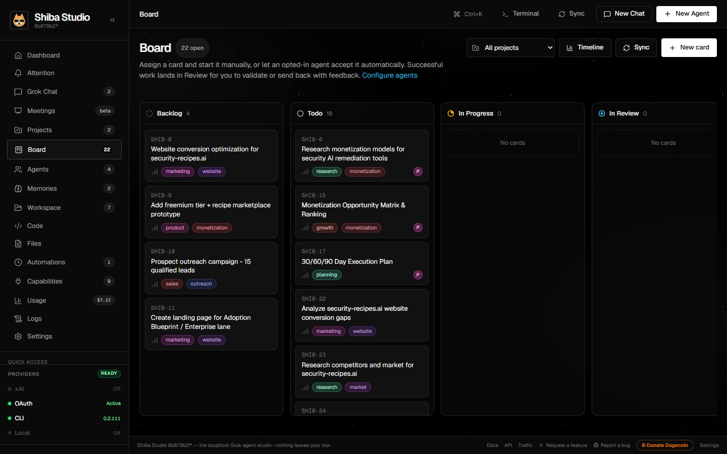 Board: Linear-style Kanban with Timeline Gantt, project filter, and Sync