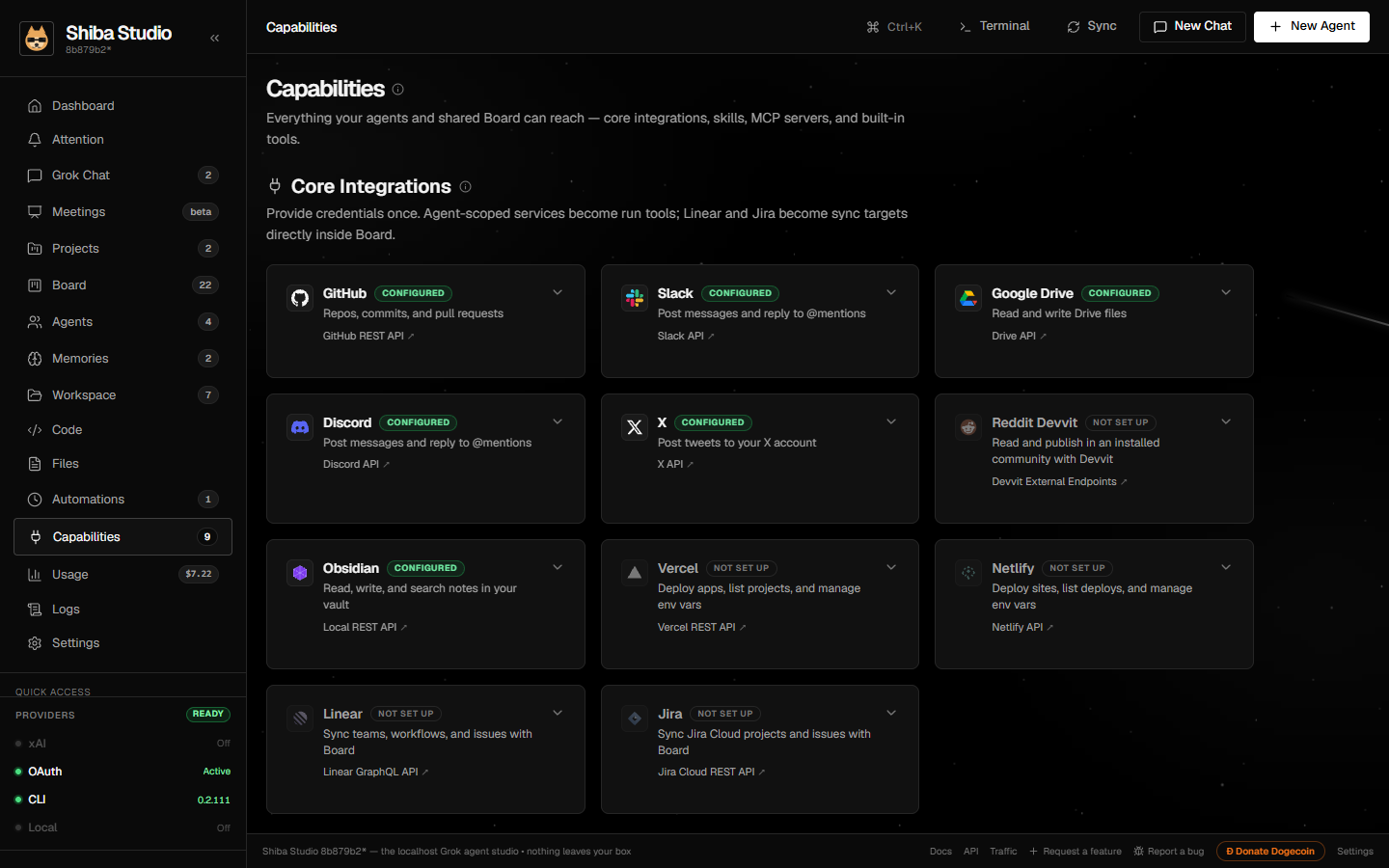 Capabilities: integrations, skills, MCP servers, and the tool catalog