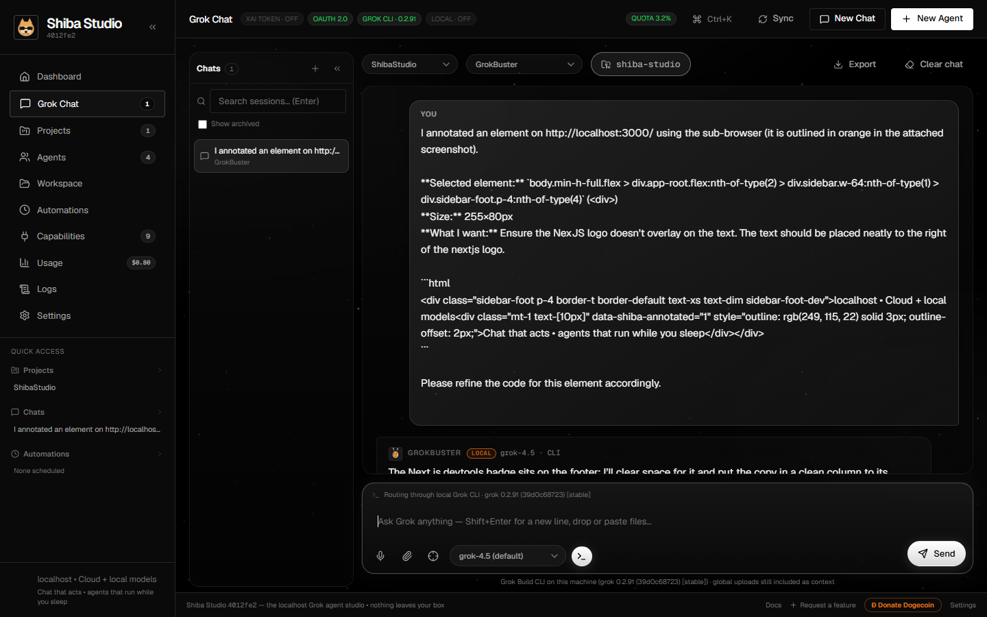 Grok Chat: annotated sub-browser element request with selector, HTML snippet, and mic-enabled composer