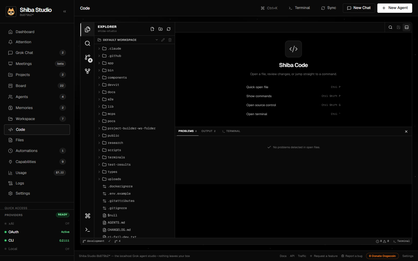 Code IDE: Monaco explorer, multi-file workspace, problems panel, and terminal