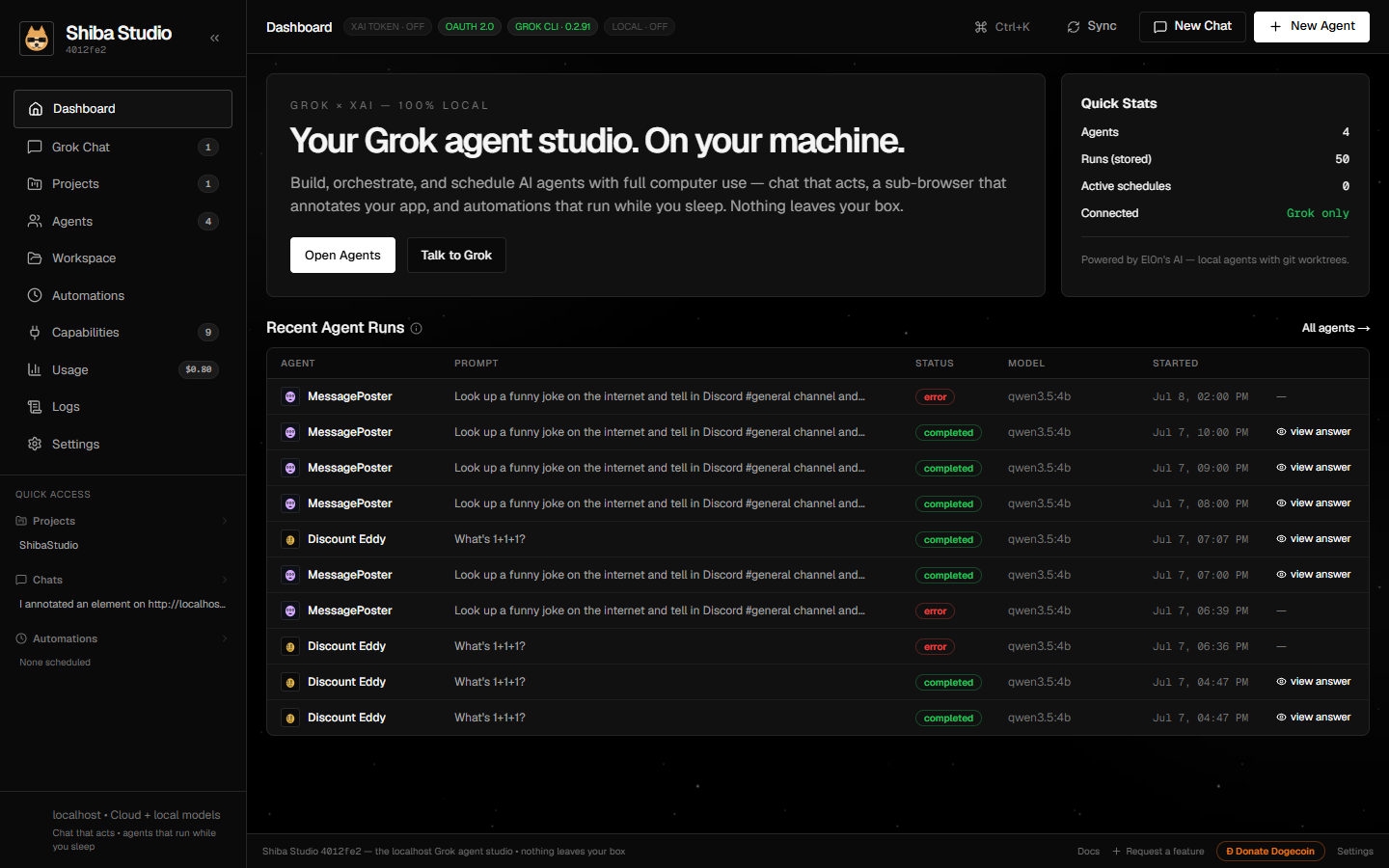Dashboard: hero, readiness badges, quick stats, and recent agent runs with statuses and view-answer links