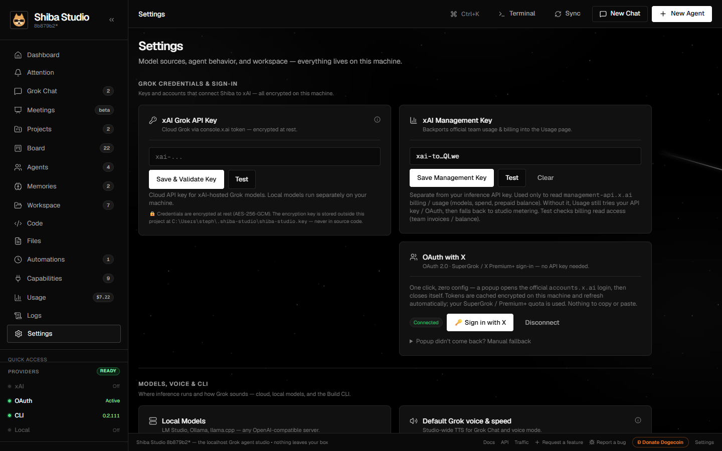 Settings: model sources, agent behavior, cost & safety, backup & restore